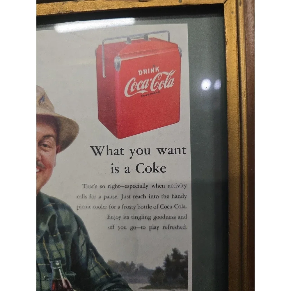 Vintage 1952 Coca-Cola Framed Magazine Ad Picnic Cooler Man Fishing Wood Frame